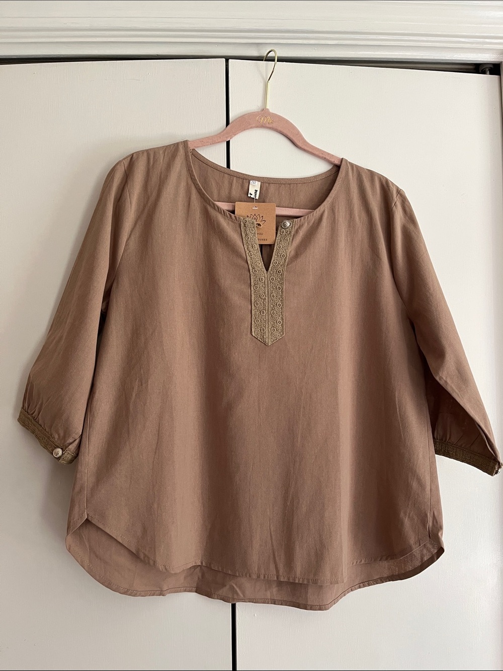 Relaxed Taupe Embroidered Split-Neck Blouse